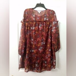 Boho Red Babydoll Sheer Long Sleeve With Floral Design Size XS